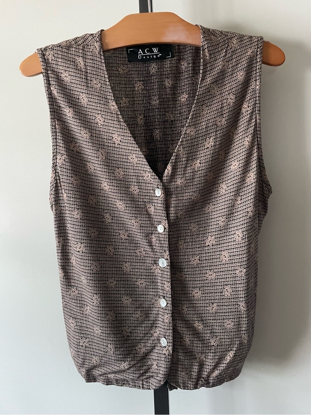 90s Vintage Button Down Vest Waistcoat Shell Buttons Tie Back Grunge